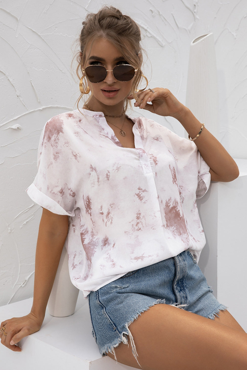 V-Neck Tie-Dye Print Chiffon Shirt