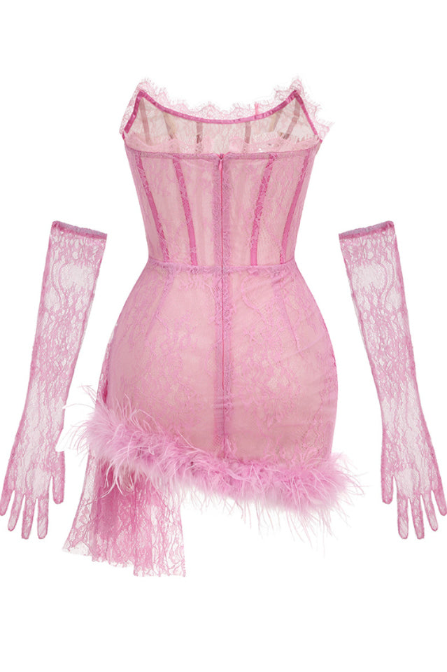 Queena Strapless Feather Trim Lace Dress