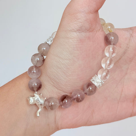 Lepidolite & Clear Quartz Bracelet with Silver Cat Charm