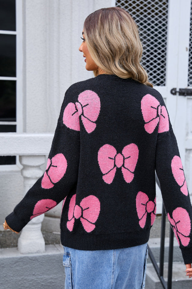 Bow Round Neck Dropped Shoulder Sweater