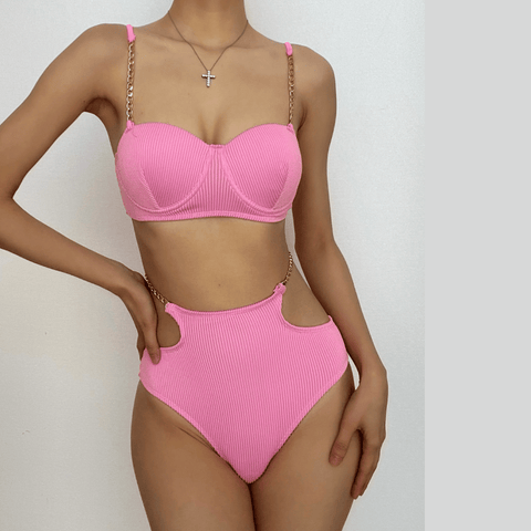 Padded metal chain button self tie solid bikini swimwear