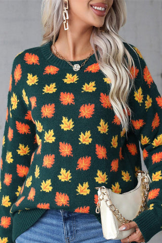 Autumn Leaf Print Knit Sweater