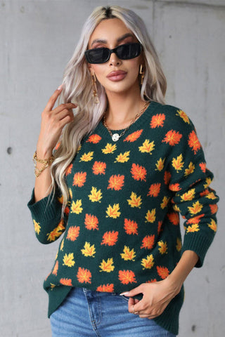 Autumn Leaf Print Knit Sweater