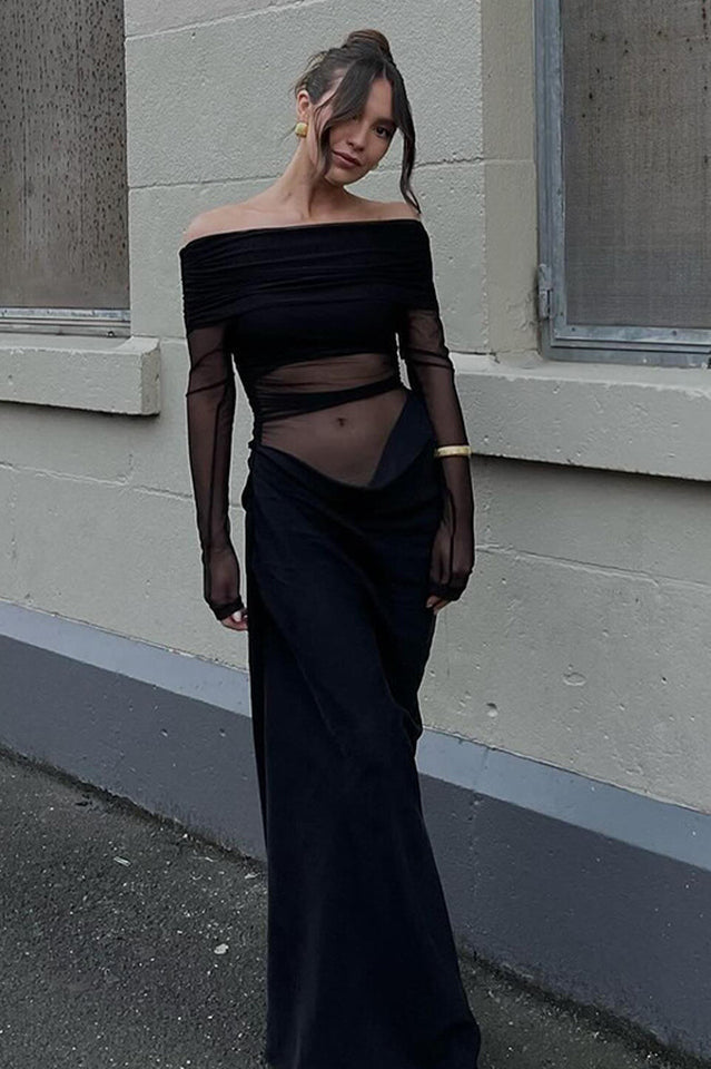 Off-Shoulder Mesh Hollow-Out Bodycon Dress