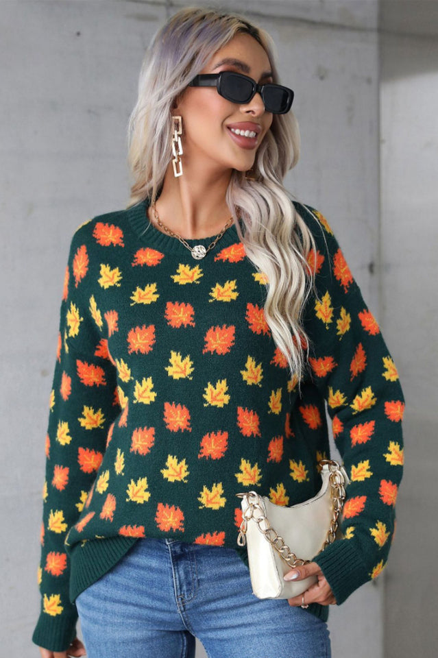 Autumn Leaf Print Knit Sweater