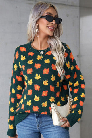 Autumn Leaf Print Knit Sweater