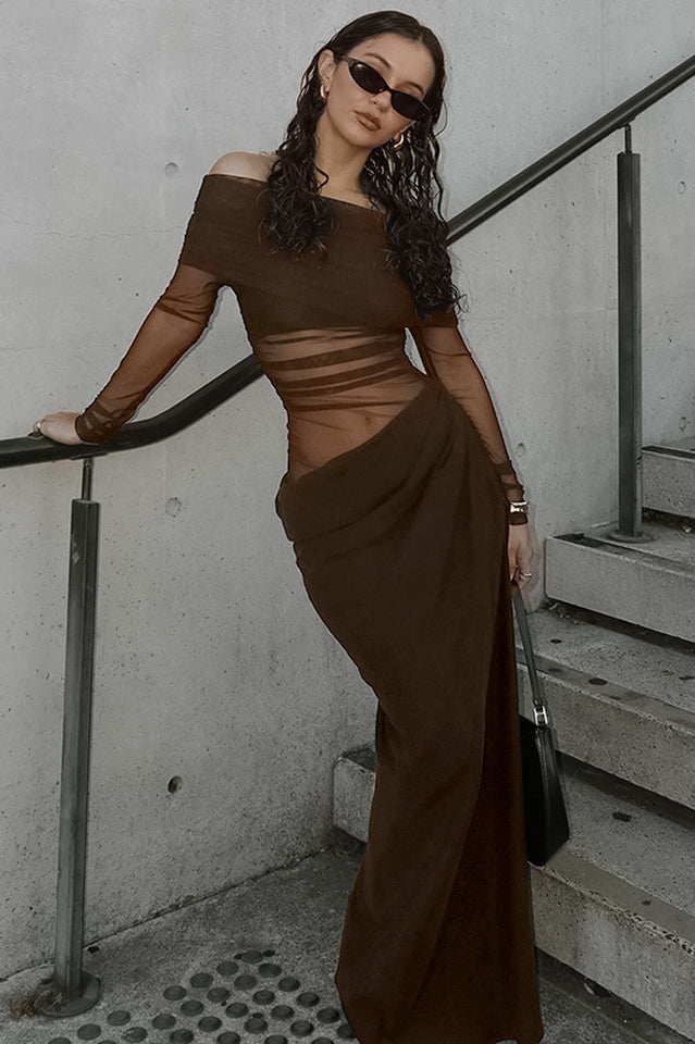Off-Shoulder Mesh Hollow-Out Bodycon Dress