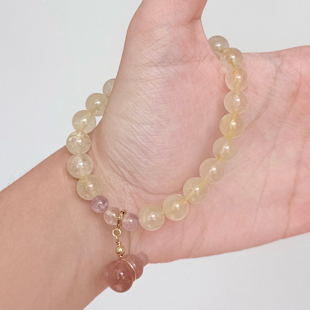 Golden Rutilated Quartz & Pink Tourmaline Pixiu Bracelet