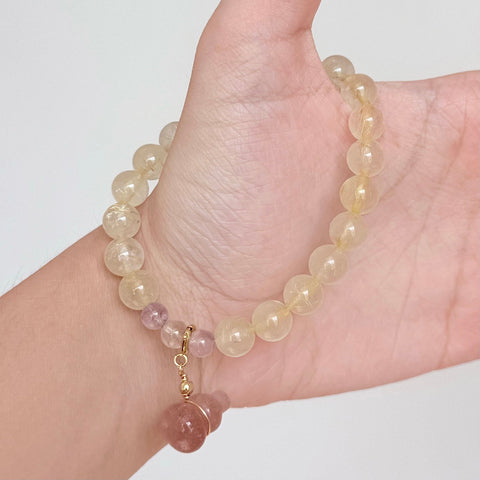 Golden Rutilated Quartz & Pink Tourmaline Pixiu Bracelet