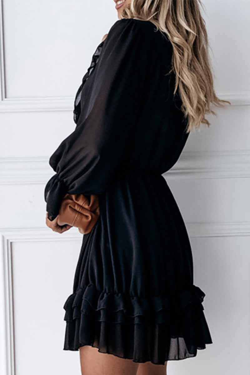 Black Lace Puff Sleeve V-Neck Lace Mini Dress