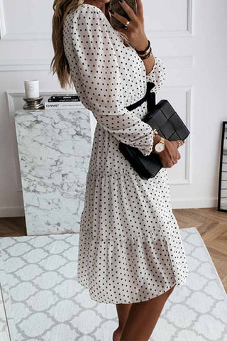 Elegant White Black Dot Print Round Neck Tie Midi Dress