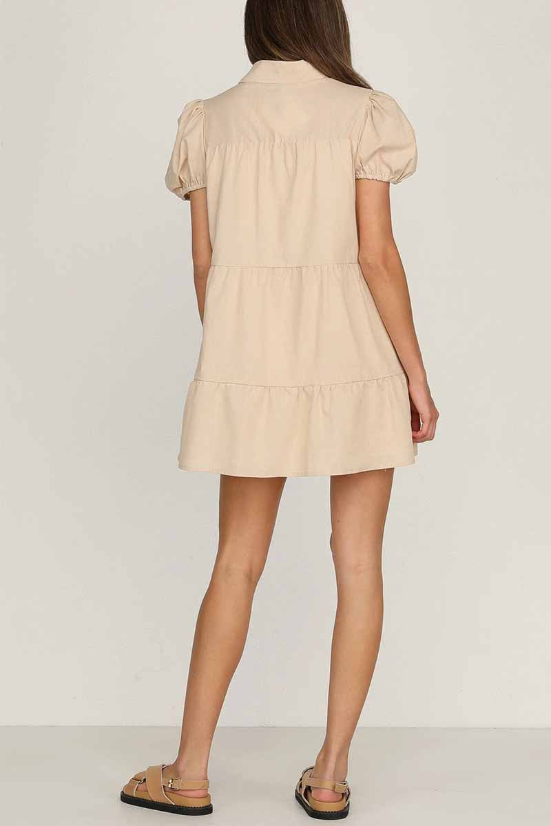 Loose Lantern Sleeve Pleated Single Breasted Mini Dress