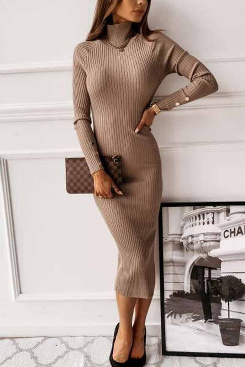 Open Back Long Sleeve Solid Color Midi Dresses