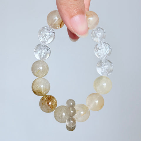 Golden Rutilated Quartz Bracelet with Clear Quartz and Smoky Quartz
