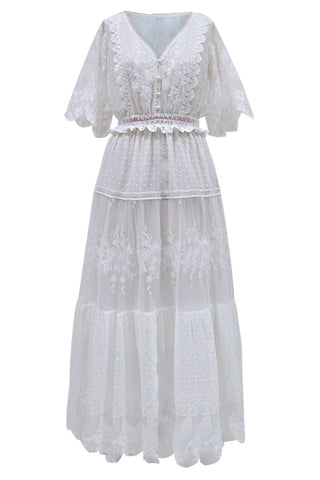 White Lace Embroidery Bohemian Maxi Dress