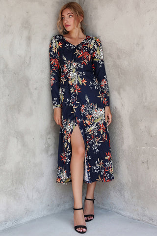 V-neck Printed Waist Slit Long Sleeve Dress