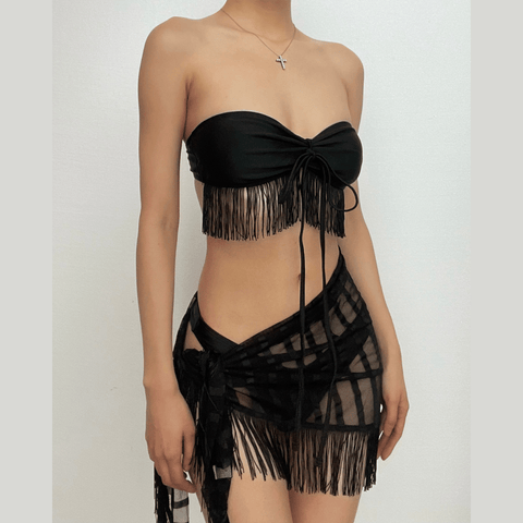 Solid halter mesh self tie ribbon 3 piece swimwear