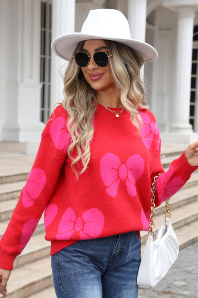 Bow Round Neck Dropped Shoulder Sweater