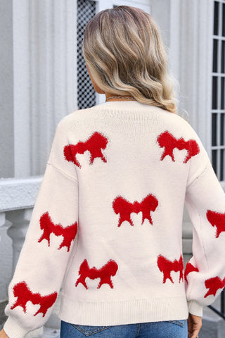 Bow Round Neck Dropped Shoulder Sweater