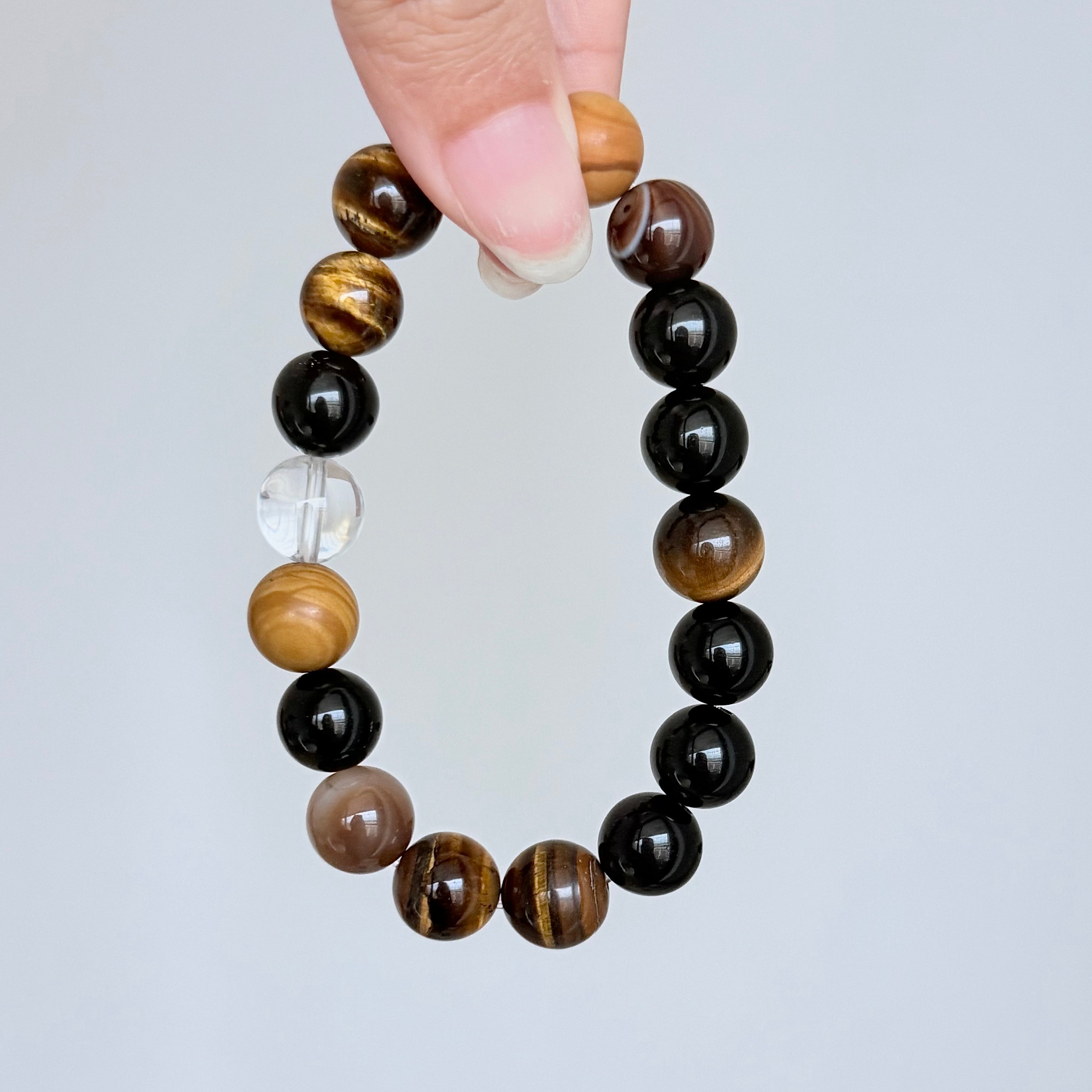 Tiger's Eye, Black Obsidian & Clear Quartz Bracelet