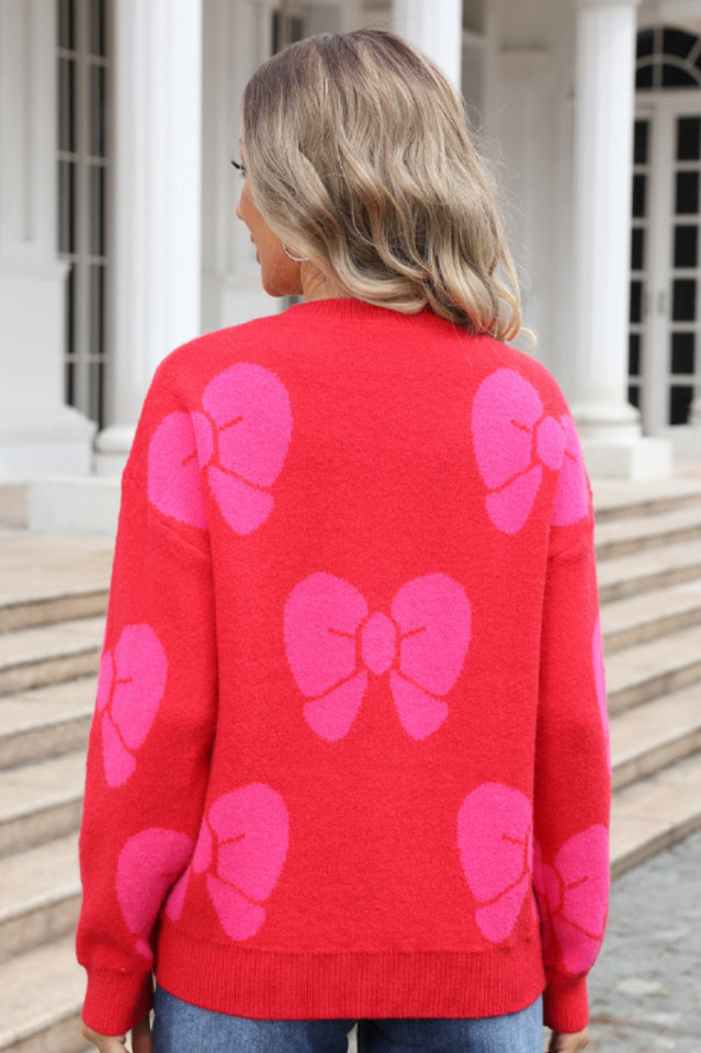 Bow Round Neck Dropped Shoulder Sweater