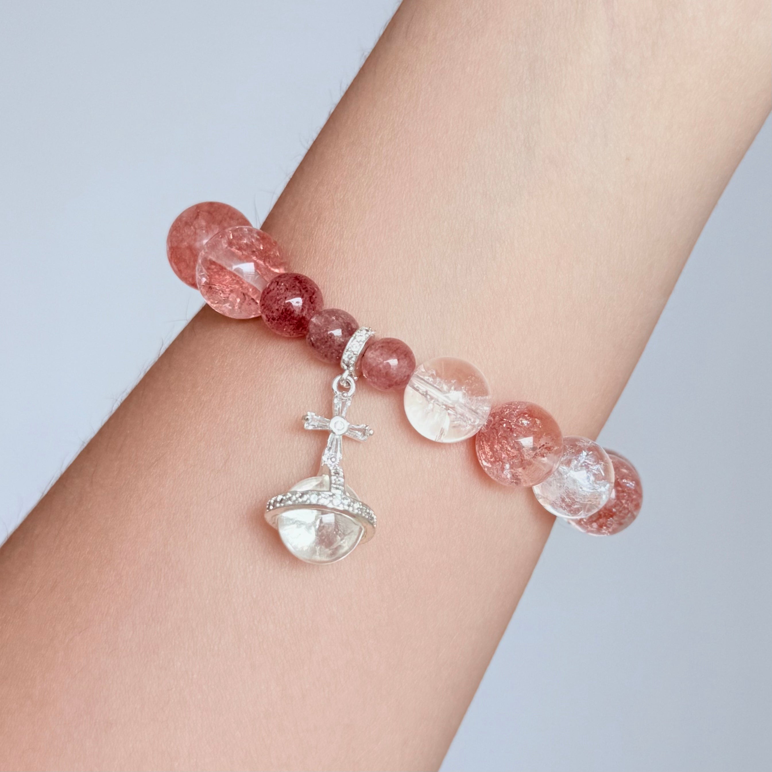 Strawberry Quartz & Clear Quartz Bracelet with Planet Charm