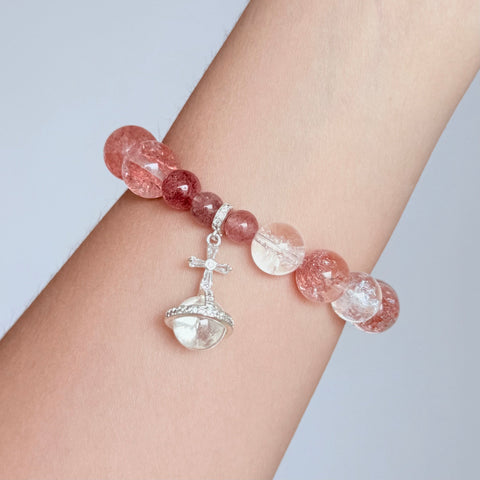 Strawberry Quartz & Clear Quartz Bracelet with Planet Charm