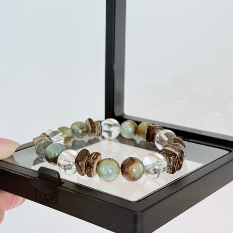 Apatite, Clear Quartz & Natural Wood Grounding Bracelet