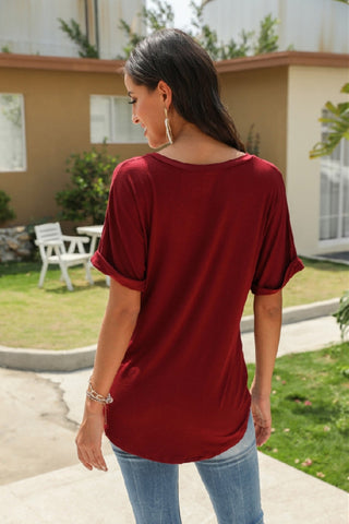 V-Neck Solid Color Pleated T-Shirt