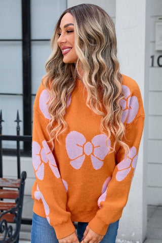 Bow Round Neck Dropped Shoulder Sweater