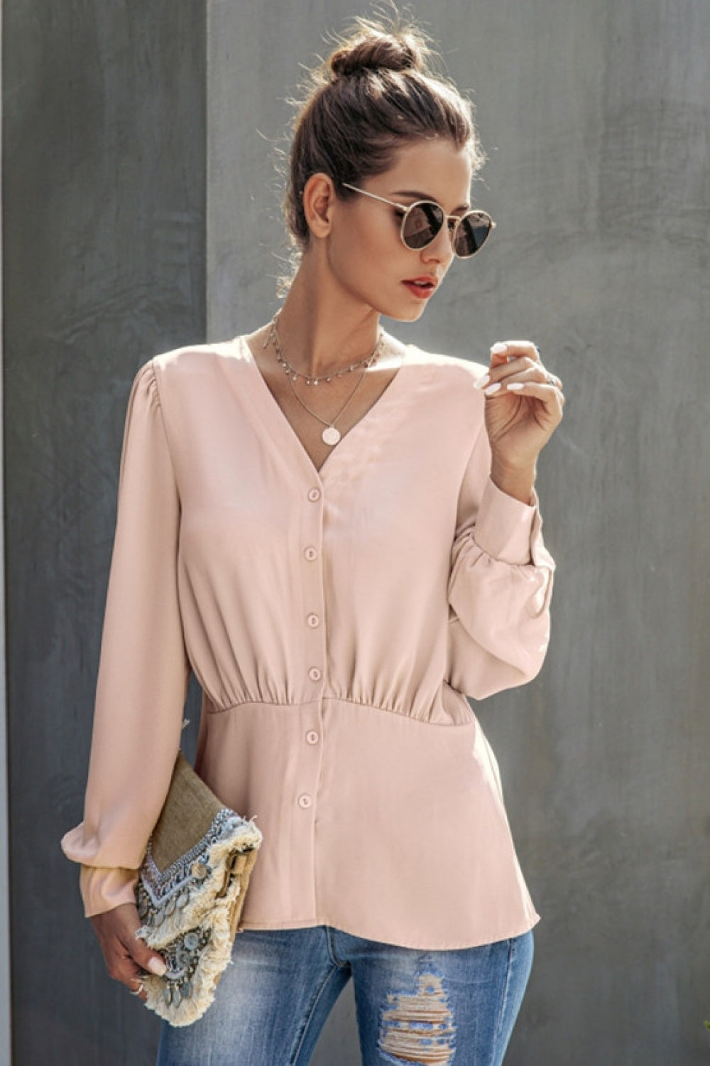 V-Neck  Buttons Long Sleeve Blouse