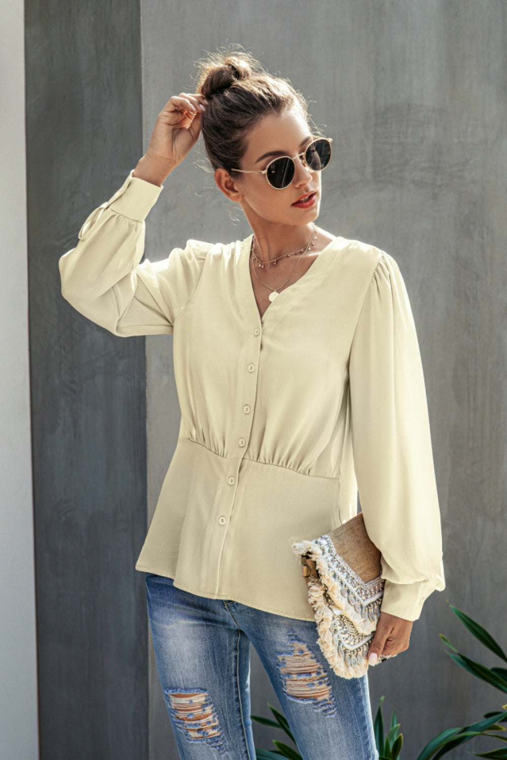 V-Neck  Buttons Long Sleeve Blouse