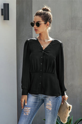 V-Neck  Buttons Long Sleeve Blouse