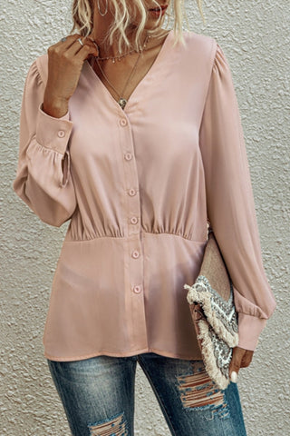 V-Neck  Buttons Long Sleeve Blouse