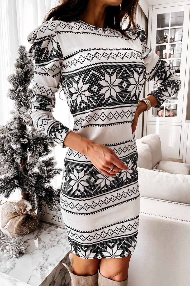 White Print Long Sleeves Mini Dress