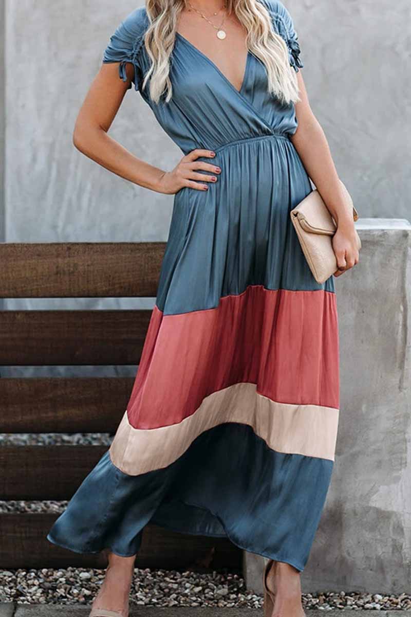 Summer Loose Multicolor Stitching V-Neck Short Sleeves Midi Dress