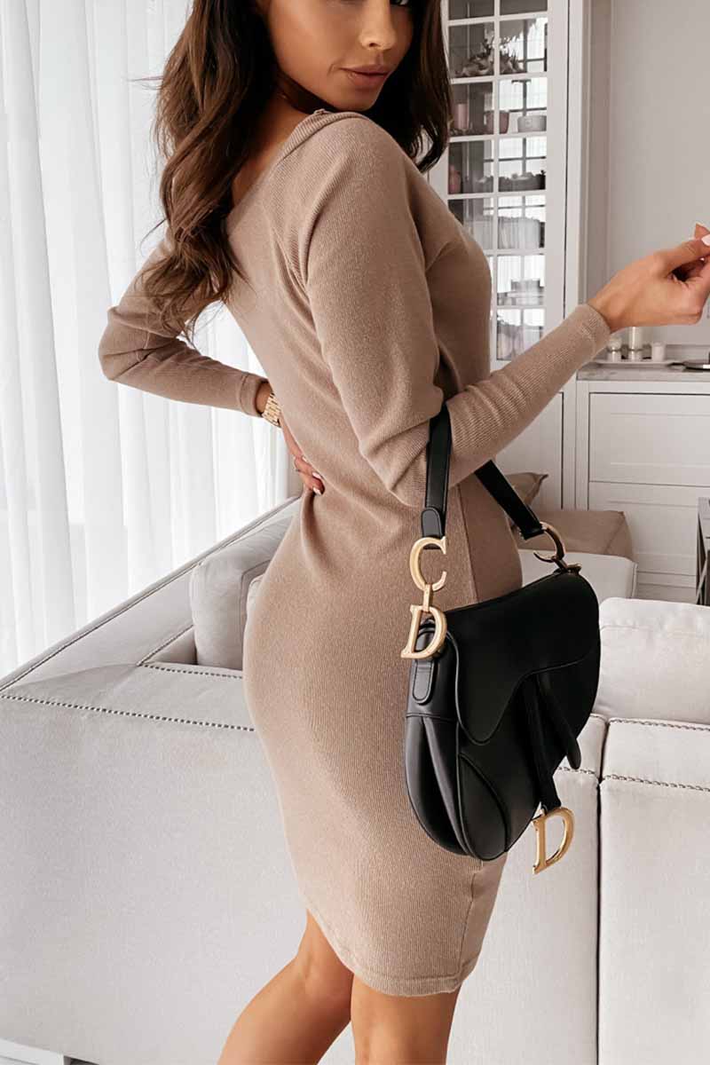 V-Neck Mocha Slim Fit Mini Dress(3 colors)