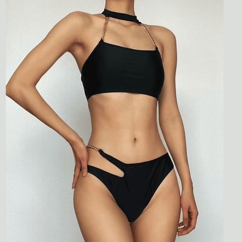 Metal chain halter hollow out self tie solid bikini swimwear