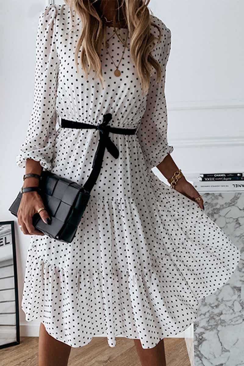 Elegant White Black Dot Print Round Neck Tie Midi Dress