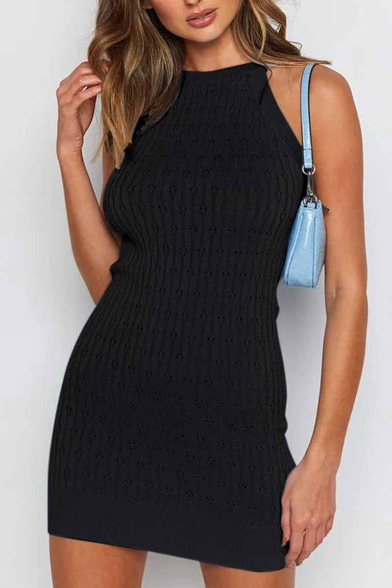 Florcoo Solid Color Sleeveless Striped Knitted Bag Hip Mini Dress(3 colors)