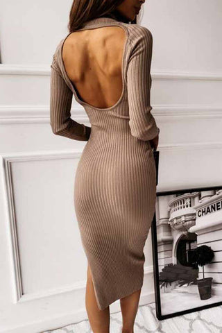 Open Back Long Sleeve Solid Color Midi Dresses