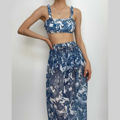 Contrast print ruffle square neck 3 piece swimwear