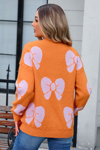Bow Round Neck Dropped Shoulder Sweater