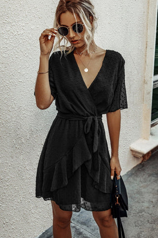 V-neck Elastic Waist Ruffled Lace Dress