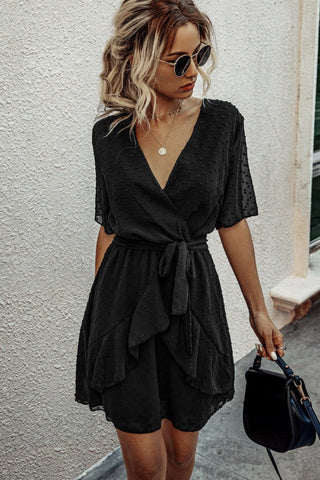 V-neck Elastic Waist Ruffled Lace Dress