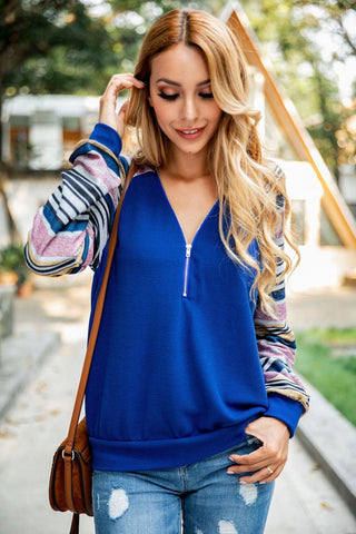 V-neck Print Striped Zipper Sweater