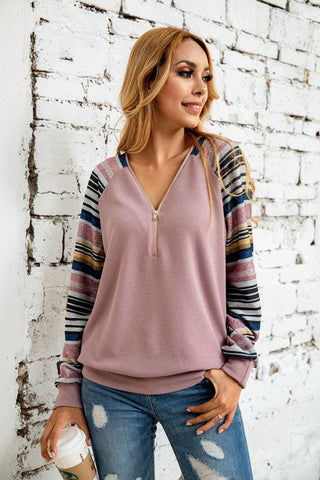 V-neck Print Striped Zipper Sweater