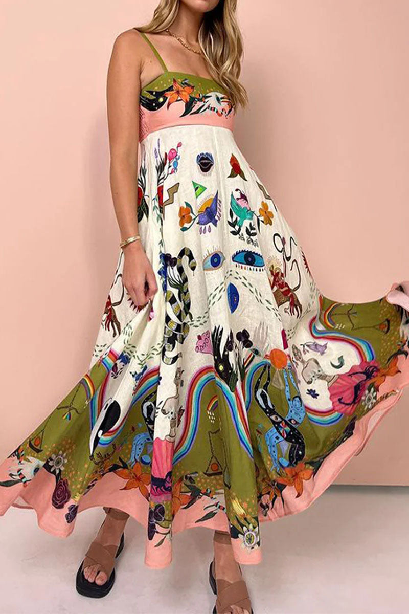 Multicolor chic positioning painting print suspender skirt