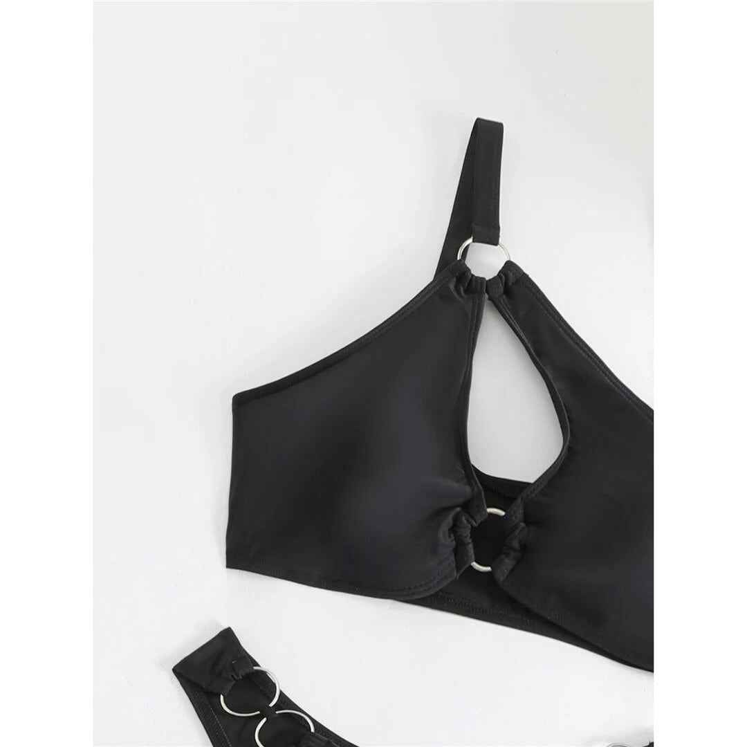 Sheila Cut Out One Shoulder Metal Rings Bikini