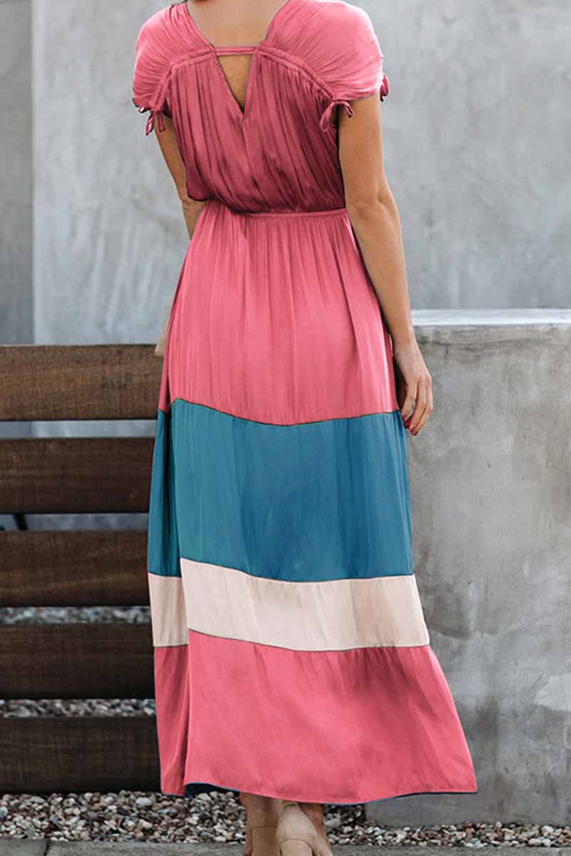 Summer Loose Multicolor Stitching V-Neck Short Sleeves Midi Dress